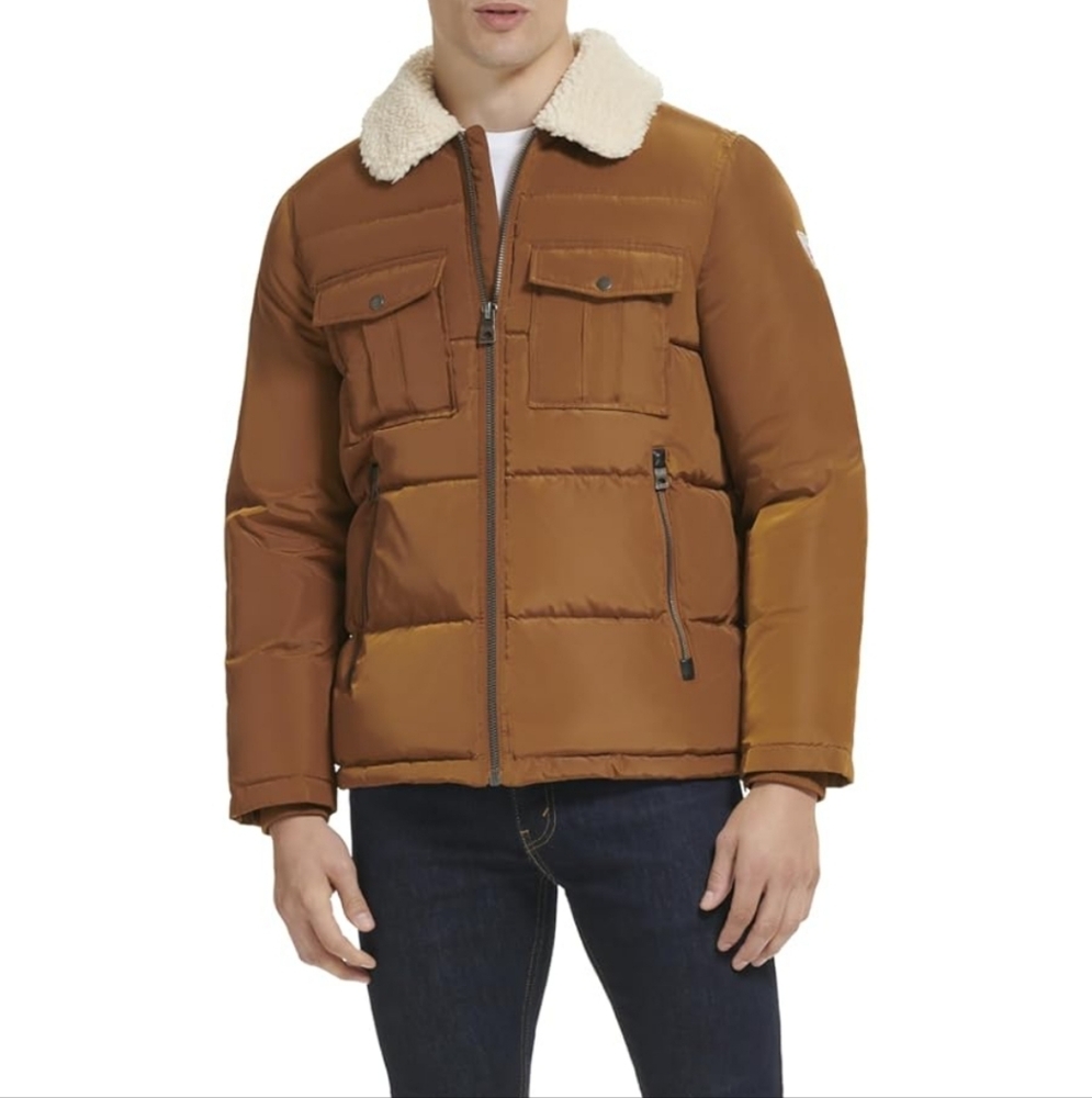 Guess Men's Tan Puffer Jacket with Sherpa Collar